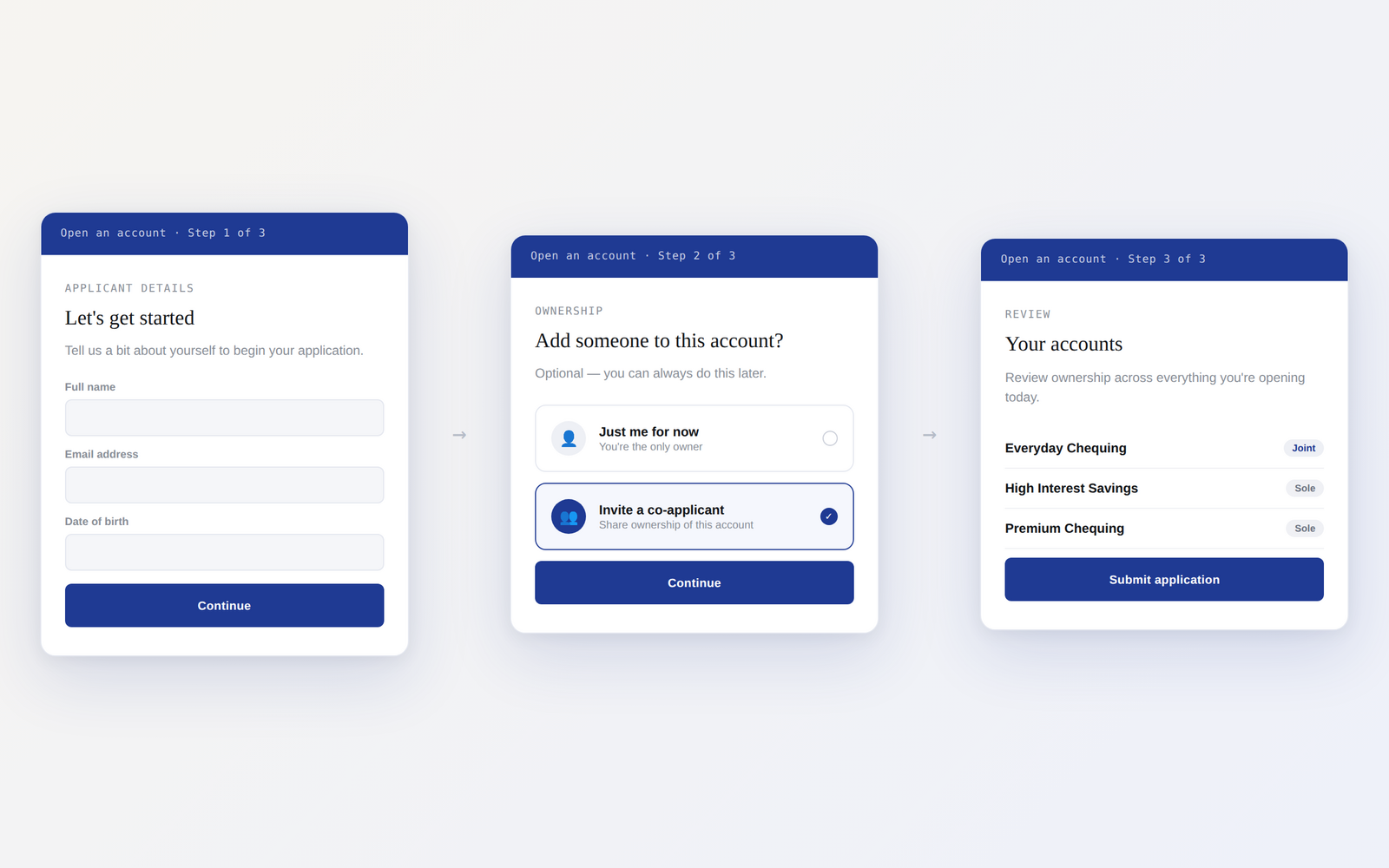 Joint account opening flow mockup